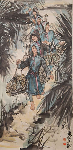 CHINESE SCROLL PAINTING OF GIRLS WITH BANANA HARVEST