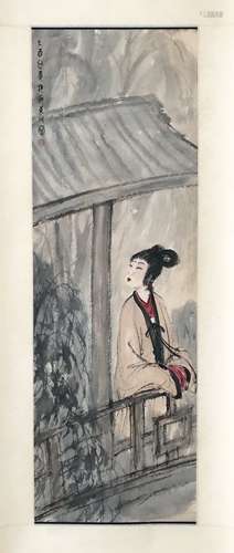 CHINESE SCROLL PAINTING OF BEAUTY IN GARDEN