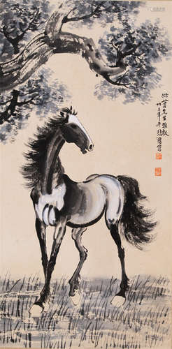 CHINESE SCROLL PAINTING OF HORSE UNDER TREE