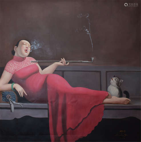 CHINESE OIL PAINTING OF SMOKING LADY ON CANVAS