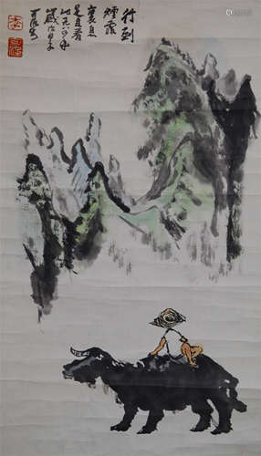 CHINESE SCROLL PAINTING OF COWBOY AND MOUNTAIN