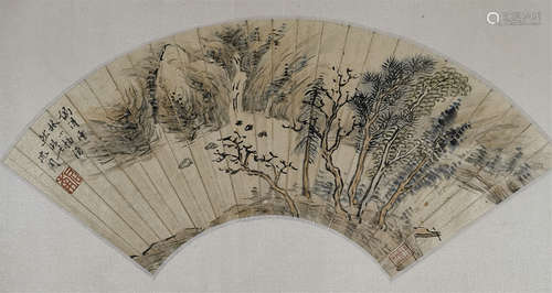 CHINESE FAN PAINTING OF MOUNTAIN VIEWS