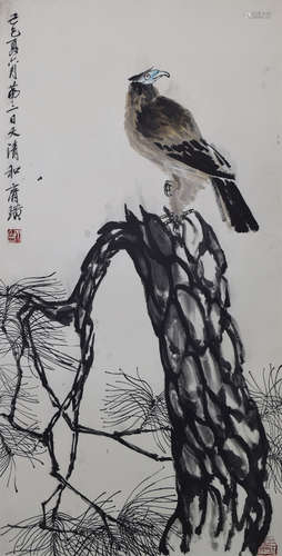 CHINESE SCROLL PAINTING OF EAGLE ON TREE