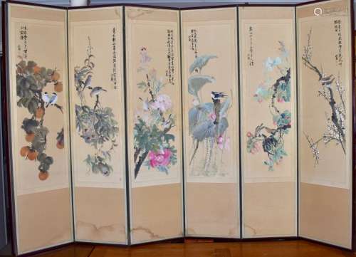 An 8 panel Japense screen depicting birds and flowers: Signed Jun Sai