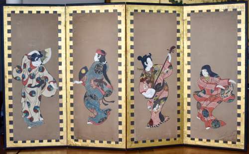 A Japanese 4 panel screen depicting Ukio-e dancers. Painted in sumi gofun.