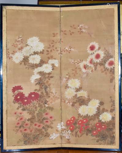 A Japanese 2 panel screen of flowering Chrysanthemum: Rinpa School