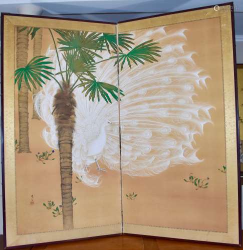 A Japanese 2 panel whit ho-o bird amongst palm trees screen. Painted with Gofun on paper.