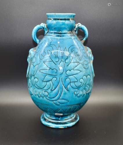 A large Saffavid turquoise double-loop vase- 18th century or later