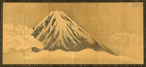 A Japanese 6 panel screen depicting Fujiyama