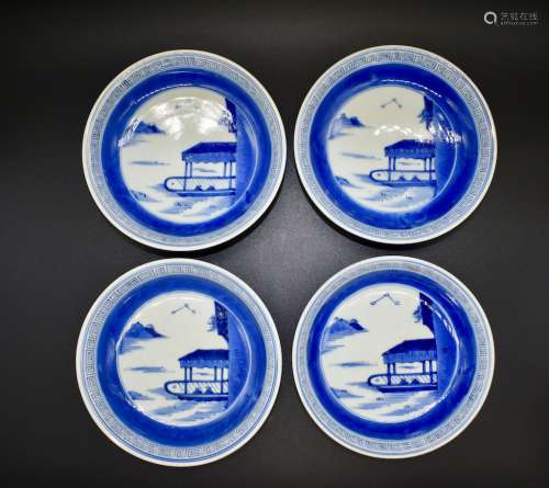 A set of 4 Japanese blue and white dishes- 19th century