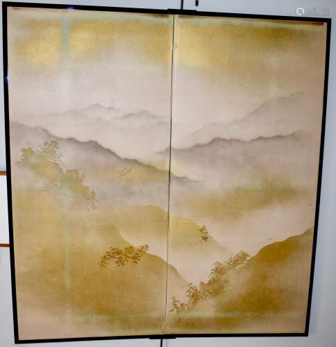 A Japanese 2 panel screen depicting misty mountains.