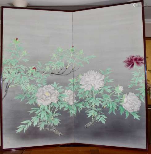 A Japanese 2 Panel screen of flowering peonies on a silver background: Signed Taketsugu