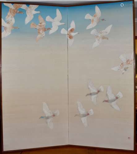 A Japanese 2 Panel screen depicting a bevy of doves