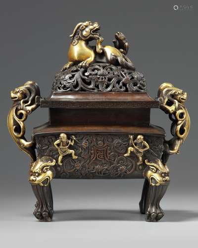 A Chinese parcel gilt twin 'qilin' handled rectangular censer and cover