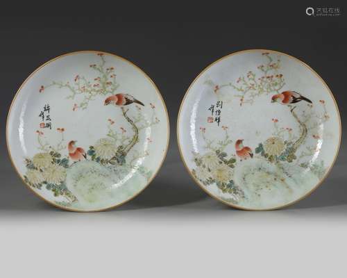 A pair of Chinese famille rose 'bird and flower' dishes