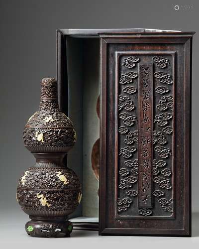 A Chinese mother-of-pearl-inlaid wood double gourd vase