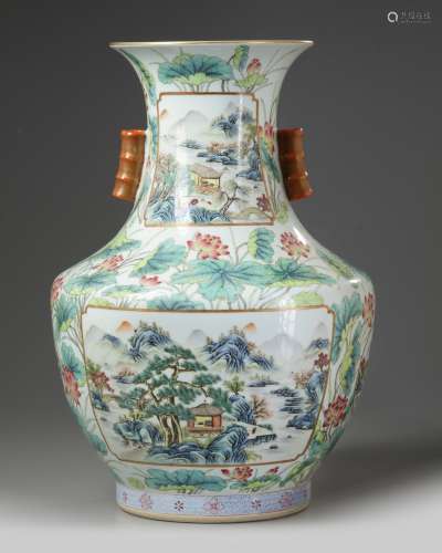 A Chinese famille rose 'landscape and lotus' vase, hu