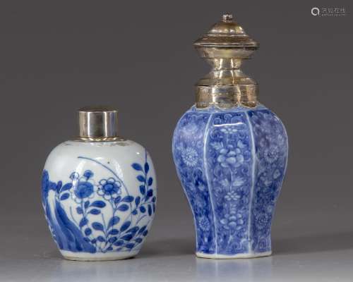 A Chinese blue and white jar and tea caddy