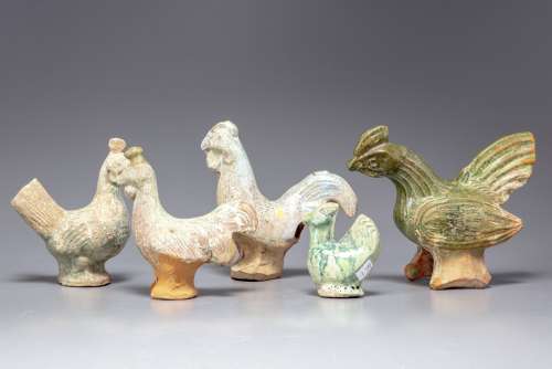 Five pottery models of cockerels