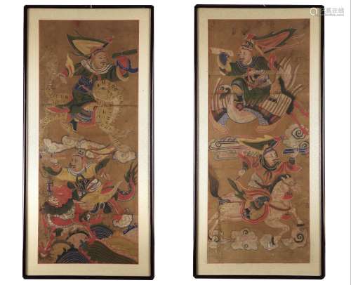 A pair of Korean paintings depicting warriors