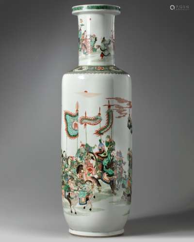 A large Chinese famille verte rouleau vase