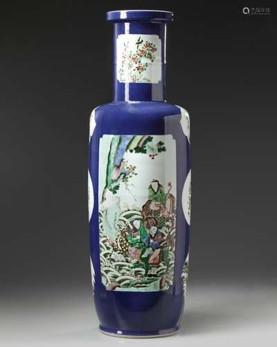 A large Chinese blue ground famille verte rouleau vase