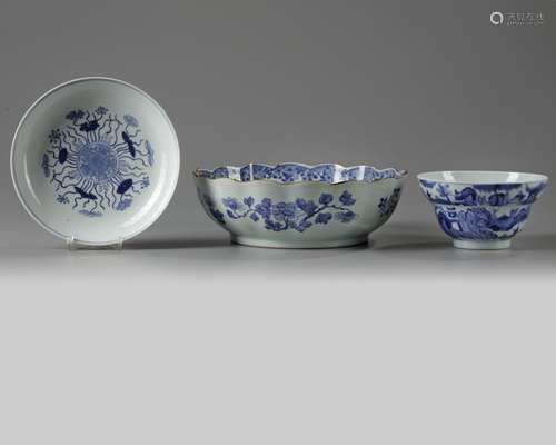 Two Chinese blue and white bowls and a dish