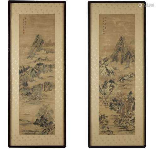 A pair of Korean paintings depicting a landscape