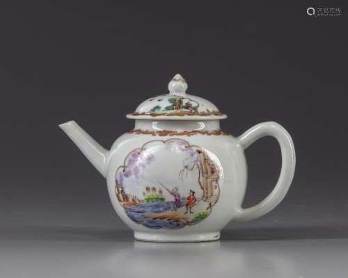 A Chinese famille rose European subject teapot