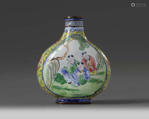 A Chinese painted enamel 'boys' snuff bottle