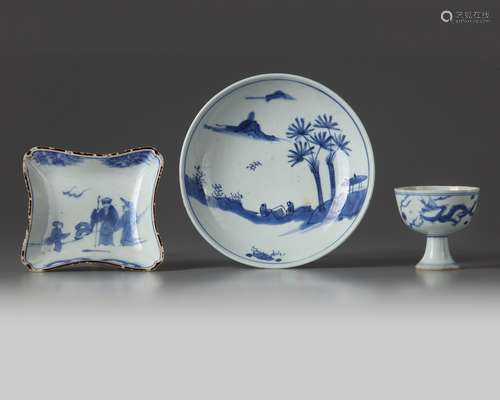 Two Chinese Kosometsuke dishes and a small blue and white stem cup