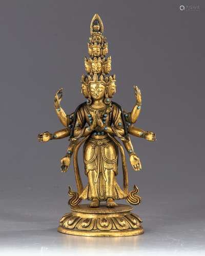 A Sino-Tibetan gilt bronze multi-headed Avalokitesvara