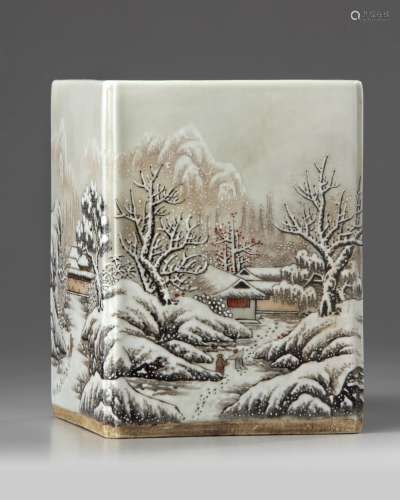A Chinese enamelled 'winter landscape' square-section brush pot, bitong