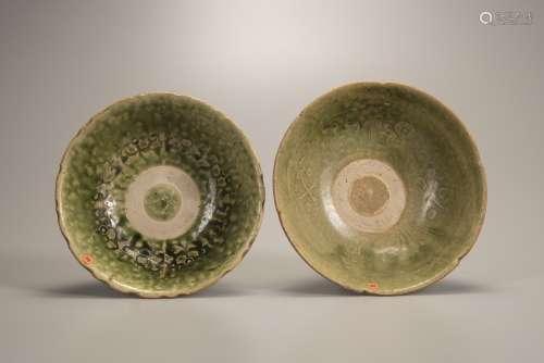 Two celadon-glazed foliate-rimmed bowls