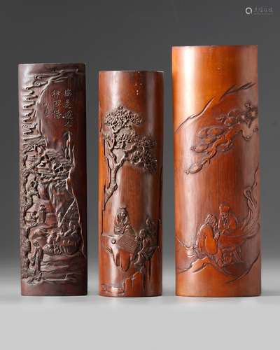 A group of three Chinese carved bamboo 'scholars' wrist rests