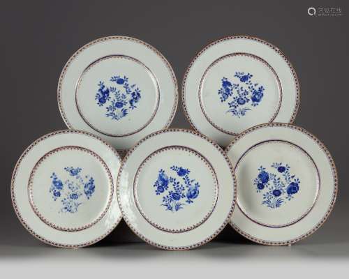 Five Chinese blue-enamelled and gilt Chinese 'floral' dishes