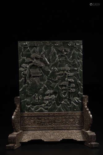 A GREEN JADE CARVED LANDSCAPE PATTERN SCREEN