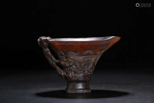 A NIUJIAO CARVED LOTUS&BEAST PATTERN CUP