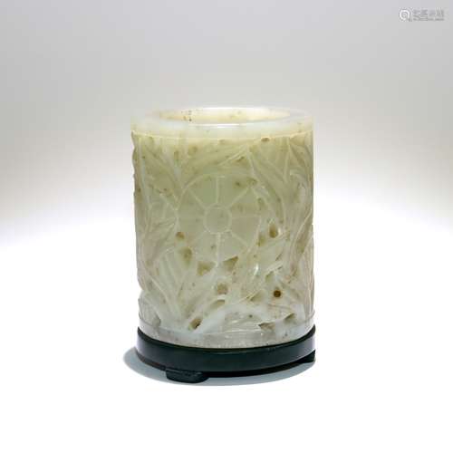 A Chinese Carved Jade Brush Pot