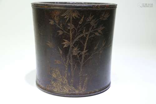 A Chinese Carved Zitan Brush Pot