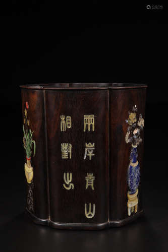 A ZITAN WOOD CARVED GEM DECORATED PEN HOLDER