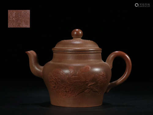 A ZISHA CARVED WITH MUD PAINTED TEA POT