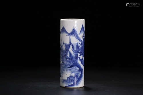 A WHITE&BLUE GLAZE LANDSCAPE PATTERN PEN HOLDER