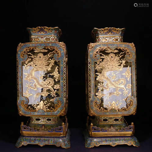 PAIR CLOISONNE CASTED GILD DRAGON PATTERN PALACE LANTERN