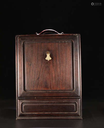 A RED SUANZHI WOOD CARVED JADE DECORATED BOOK BOX