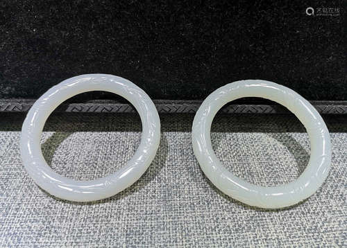 PAIR HETIAN WHITE JADE CARVED AUSPICIOUS BANGLE