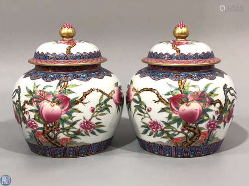 PAIR WHITE GLAZE PEACH&FLOWER PATTERN JAR