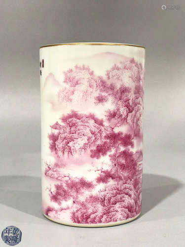 A WHITE GLAZE RED LANDSCAPE PATTERN PEN HOLDER