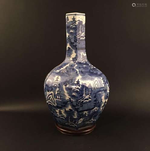 Chinese Blue-White 'Landscape' Hexagon Porcelain Vase