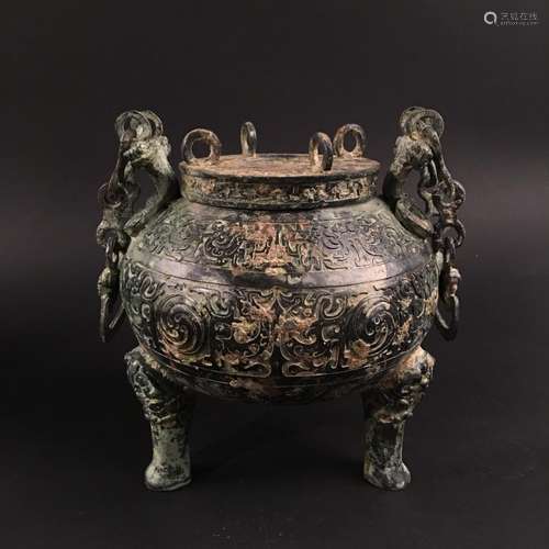 Chinese Bronze Dragon Handle Tripod With Lid